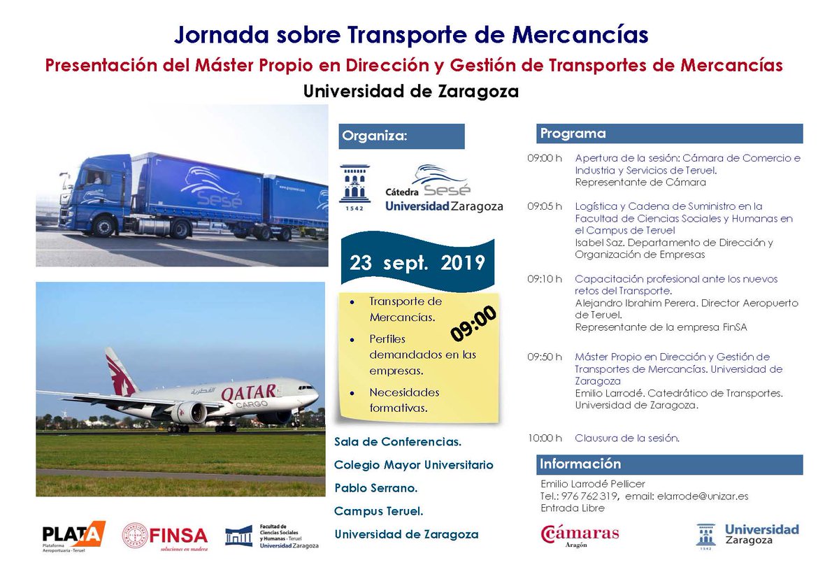 ADETeruel's tweet photo. El próximo lunes 23 de septiembre a las 9:00 h, en la Sala de Conferencias del CMU Pablo Serrano se va a realizar la I Jornada sobre Transporte de Mercancías  @fcsh_teruel @TeruelCampus @aeropuerteruel @GrupoFinsa @camarateruel @unizar @CatedrasUnizar #CatedraSese #Teruel https://t.co/QaxdrzdMUc