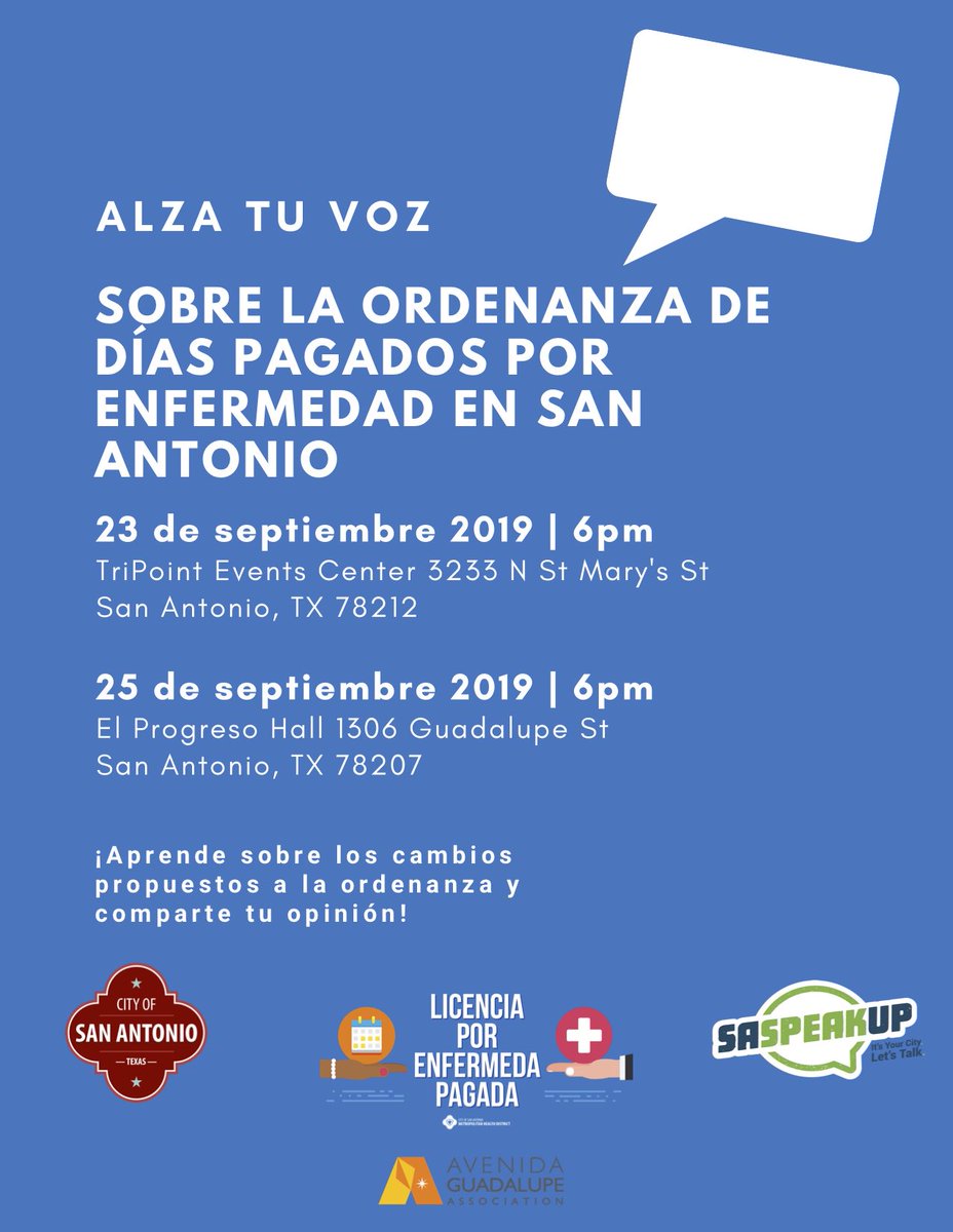 SASpeakUp's tweet photo. Join us at 6 p.m. on Sept. 23 or Sept. 25 to learn about proposed changes to the paid sick leave ordinance and share your input! Learn more at https://t.co/OEIYEZrmC7 https://t.co/x9Nsh31l18