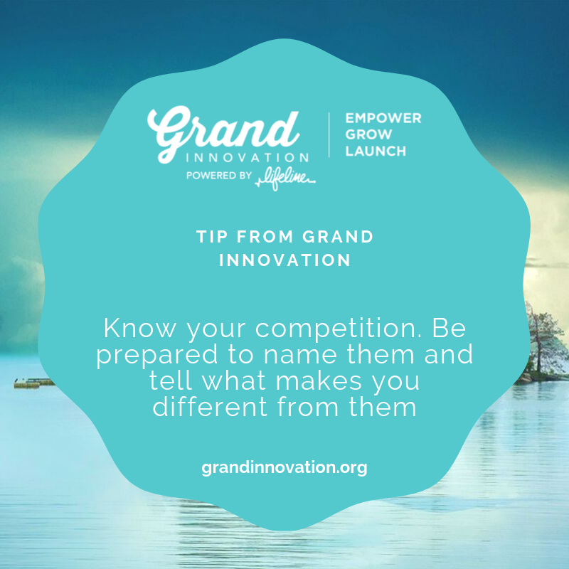 LifeLineDetroit's tweet image. Tip from Grand Innovation 

Know your competition. Be prepared to name them and tell what makes you different from them. - grandinnovation.org