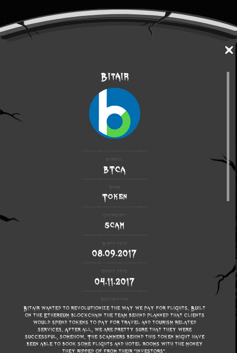shitcoingrave's tweet image. Dead #shitcoin of the day: #BitAir $BTCA
