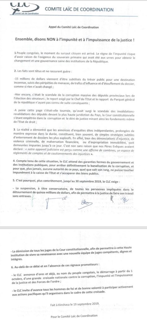 fredbauma90's tweet image. Le CLC demande la suspension des personnes impliquées dans l’affaire des #15millions et annonce le début d’une grande croisade contre la corruption, l’impunité et l’impuissance de la justice. L’appelle du CLC vient après celle de l’ECC. #RDC @luchaRDC