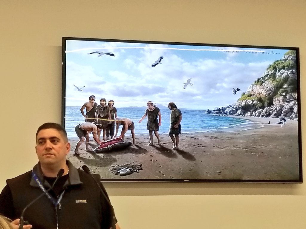 CalpeConference's tweet photo. .@FinlaysonGib tell us about how many of the species we would now consider to be Arctic, were here in #Gibraltar. How the #palaeolandscape has been reconstructed and how these data help us to piece this all together as can be seen in @MAntonPaleoart's reconstructions #Calpe19 https://t.co/6Q7yeLrWtD