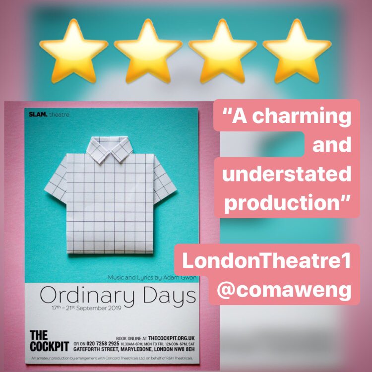 Congrats to the cast and crew of #OrdinaryDays for their 4 ⭐️ review!! Come see us this week before we close!! 

Tix available from <a href="/cockpittheatre/">The Cockpit</a> website - link in bio too 🎫