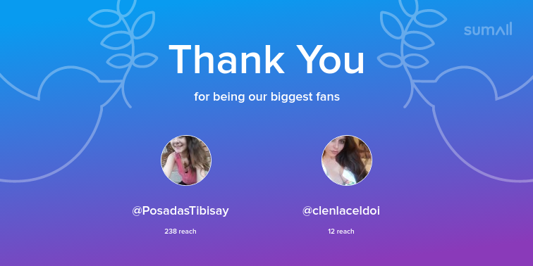 Our biggest fans this week: PosadasTibisay, clenlaceldoi. Thank you! via sumall.com/thankyou?utm_s…
