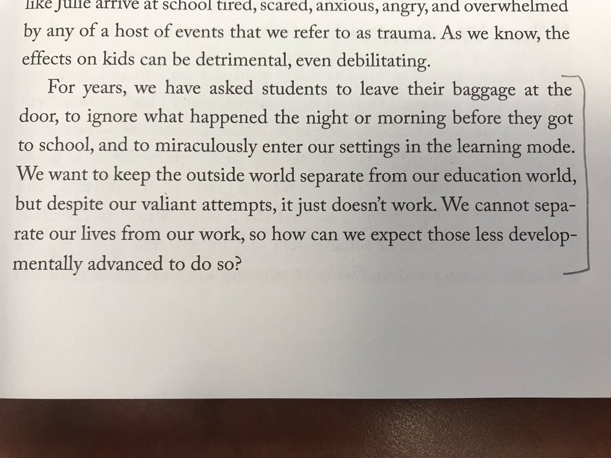 MsShelbyLong's tweet photo. As an adult, it can be difficult to check your outside stressors at the door. It is unrealistic to ask a student, especially one that has been through traumatic events, to do this! It’s up to us to help them find safe ways to regulate their emotions.-Pg 33-34 #R3ResilientLearners https://t.co/5shYFLd22W