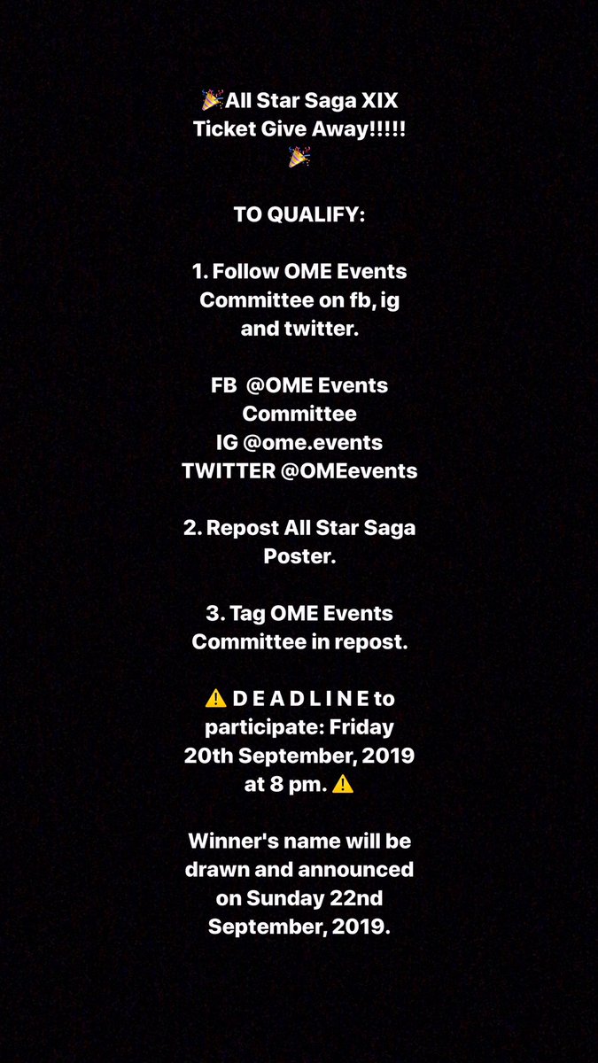 OmeEvents's tweet photo. 🎉All Star Saga XIX Ticket Give Away!!!!! 🎉

#OME #OnlyMeaningfulExpressions #OMEevents #AllStarSaga #XIX ⚽🏆 #BringTheHeat 🔥🔥🔥 https://t.co/epyS5fO2ha