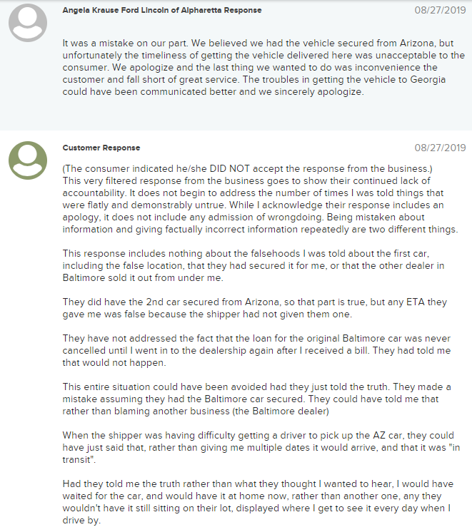 jeff_gruben's tweet photo. So this is their best response to my BBB complaint. Pushing the blame on me for being impatient and not addressing any of the lies they told throughout the process. Apparently, this behavior is ok for them. #angelakrausefordworstdealerever https://t.co/NgEtblgi5m