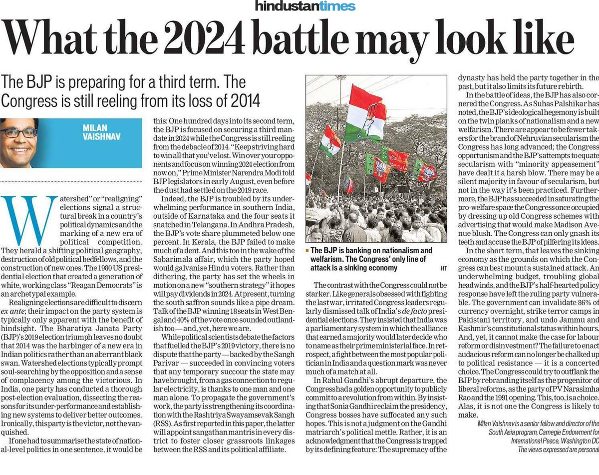 MilanV's tweet image. My column in today&apos;s @htTweets:

In India, one party has conducted a thorough post-election evaluation and established new systems to deliver better outcomes in 2024. Ironically, this party is the victor, not the vanquished.

bit.ly/2kEsT9v