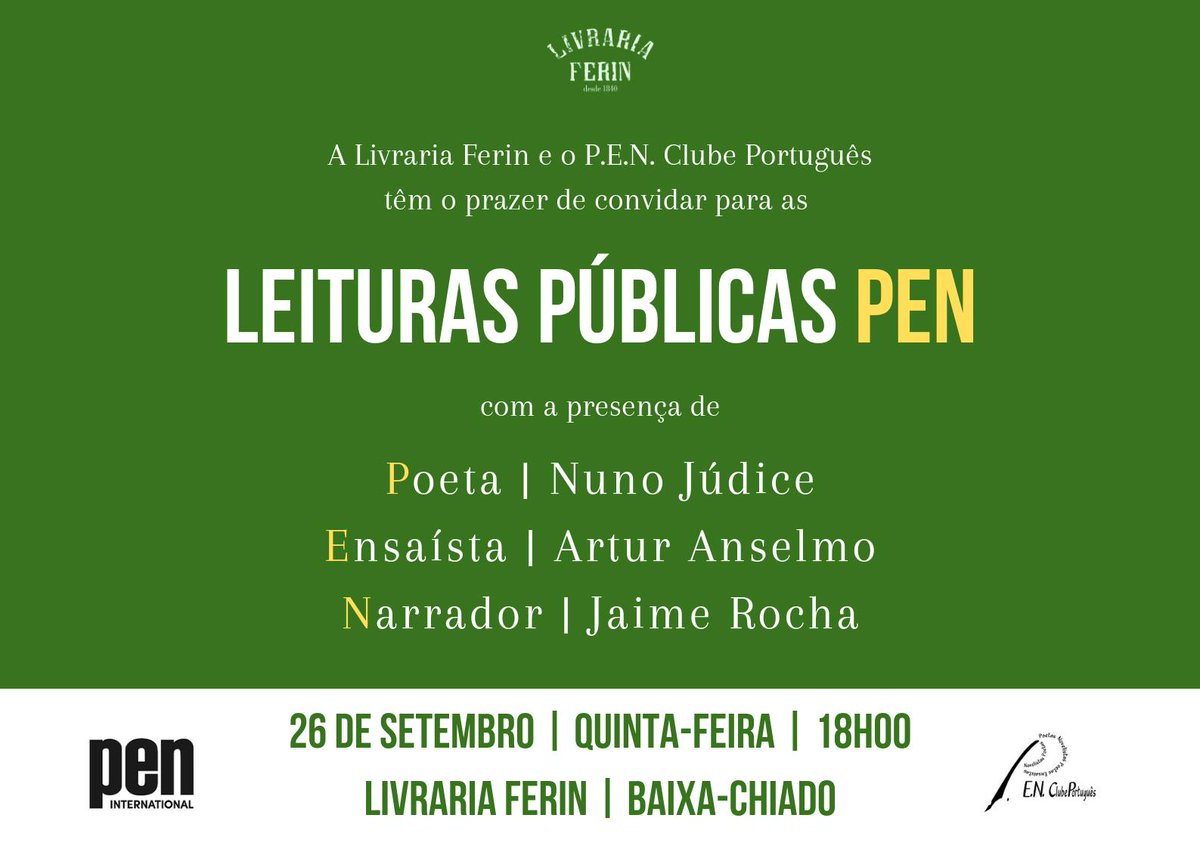 ClepulM's tweet photo. Leituras Públicas PEN | Livraria Ferin, 26 de Setembro, 18h00, com Nuno Júdice, Artur Anselmo e Jaime Rocha https://t.co/8oYtLchLFr