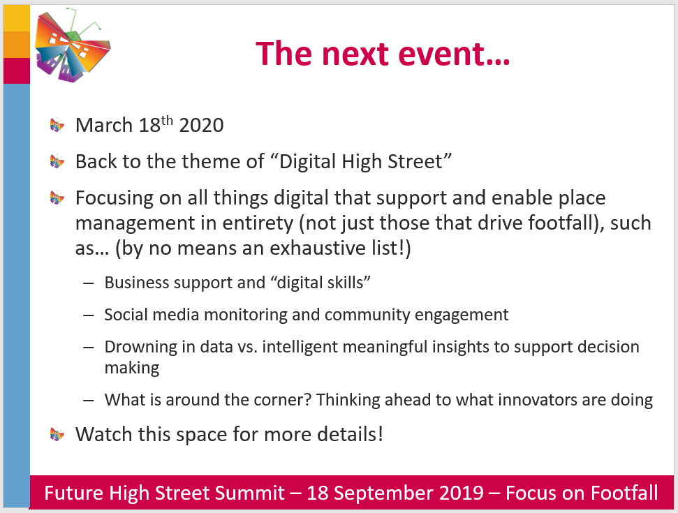 FutureHighSt's tweet photo. Busy day back in the office after #FHSS19 Focus on #Footfall yesterday!
All attendees have been emailed with resources  &amp; survey so we can collect feedback
Even as we continue to wind up Footfall plans are already afoot for the next event - #FHSS20 #Digital  ... Watch this space! https://t.co/sEmAtiYeDj