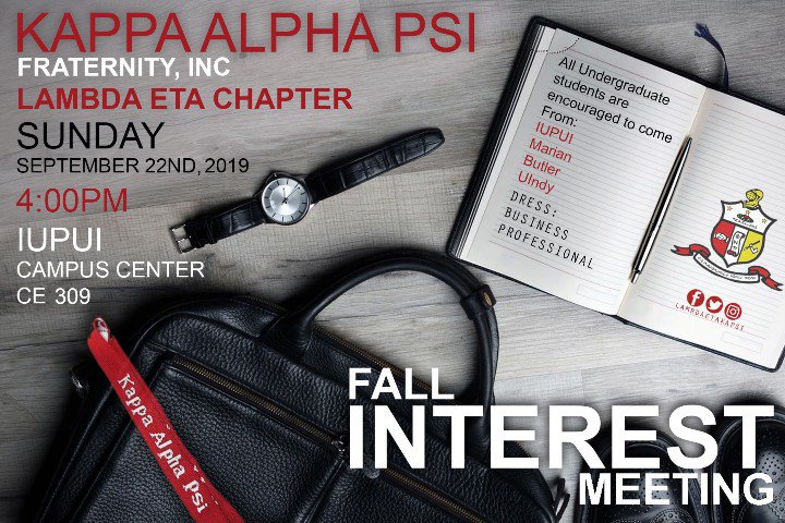 lambdaetakapsi's tweet image. UPDATED ROOM #

This Sunday, September 22nd...

The Lambda Eta Chapter of Kappa Alpha Psi Fraternity, Inc. will be holding a Fall interest meeting for undergraduate students.

Location: IUPUI&apos;s Campus Center CE 309

Business attire required. 

See picture for more details.