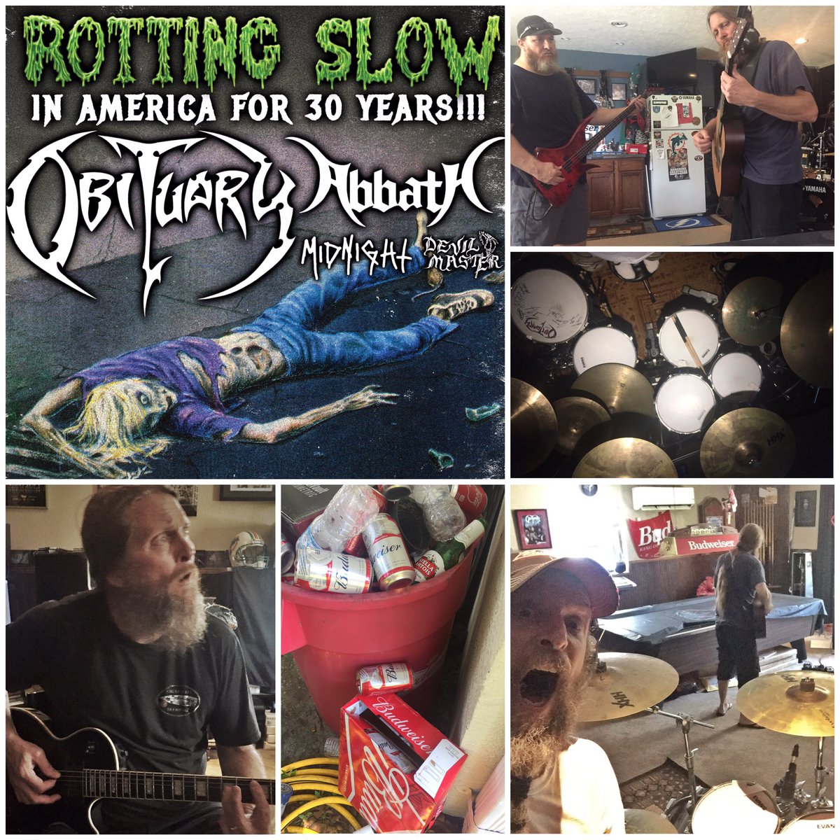 obituarytheband's tweet photo. Last couple practices before we head out for the US Tour with @ABBATHband &amp; Midnight &amp; DevilMaster.!!
Who’s going?
#RottingSlow
https://t.co/QjFVaRIxQE https://t.co/utdfJeSc9a