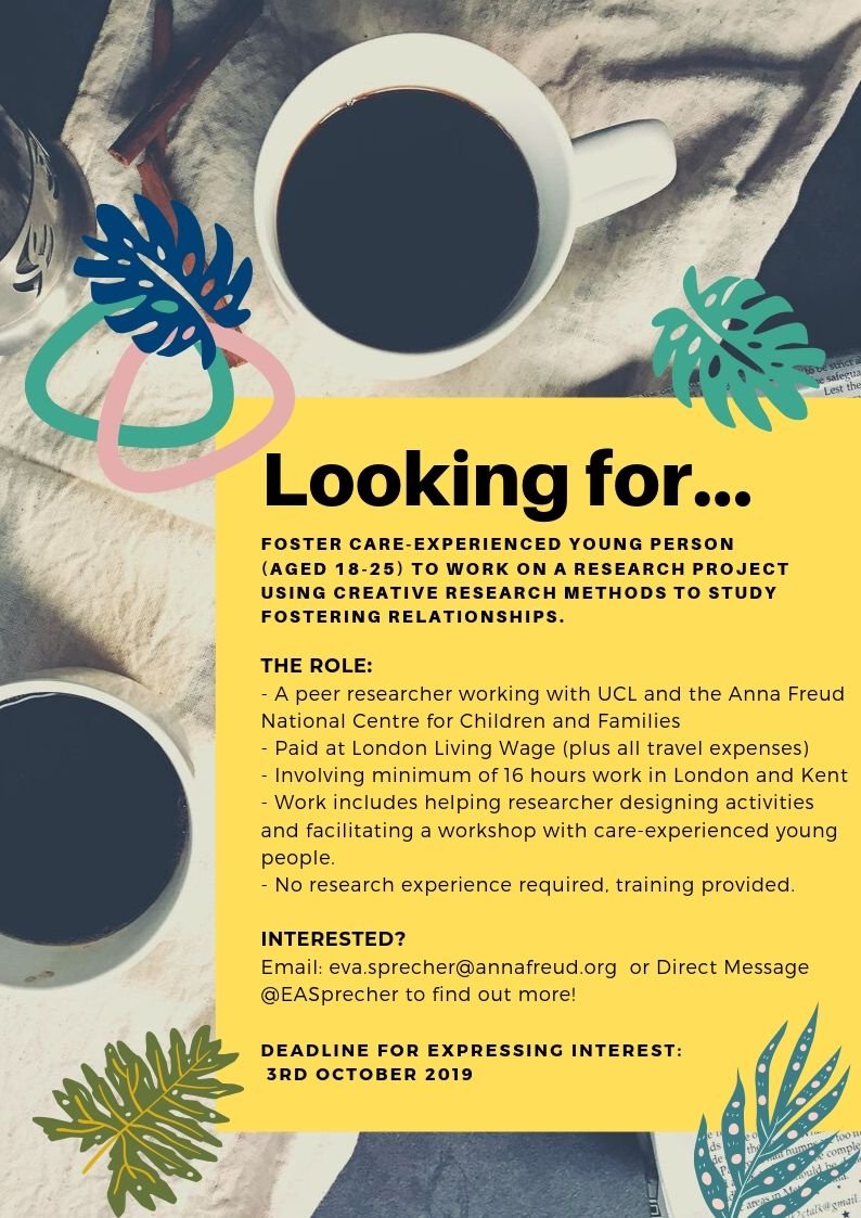 Wonderful Twitter-Sphere: Please help me advertise this PAID role for a #careexperienced young person to help as a peer researcher with a <a href="/UCLEngage/">UCL Engagement Team</a> and @AFNCCF research project looking at fostering relationships. Get in touch before 3rd October. Questions welcome!