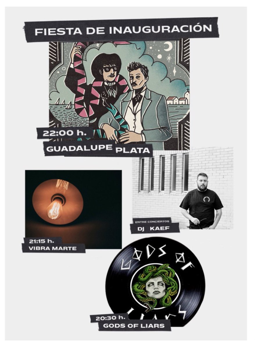 ¡Ha llegado el día! 
Esta tarde tenemos fiesta 🥳 

20:00 h. __ Apertura de puertas 
20:30 h. __ Gods Of Liars
21:15 h. __ <a href="/VibraMarte/">Vibra Marte</a> 
22:00 h. __ <a href="/guadalupeplata/">Guadalupe Plata</a>

Y <a href="/DjKaef/">DjKaef</a> entre conciertos🔥

Las entradas son 2€ y estarán a la venta a partir de las 19:30 h. 
¡Os esperamos!