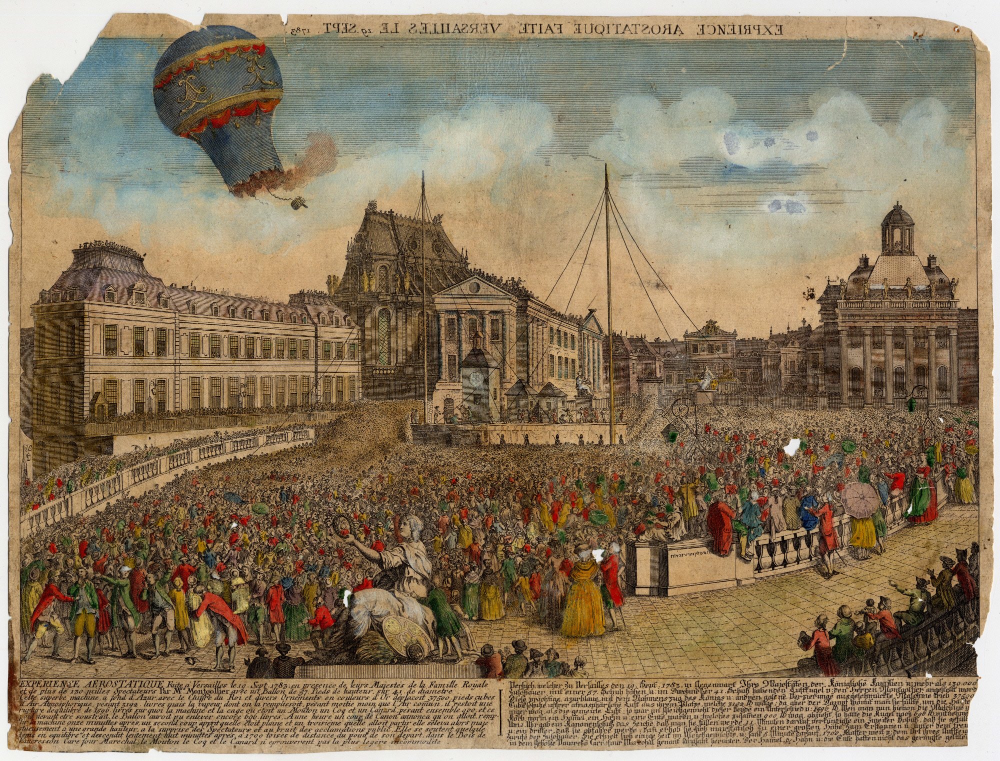 Engraving of crowd watching hot air balloon