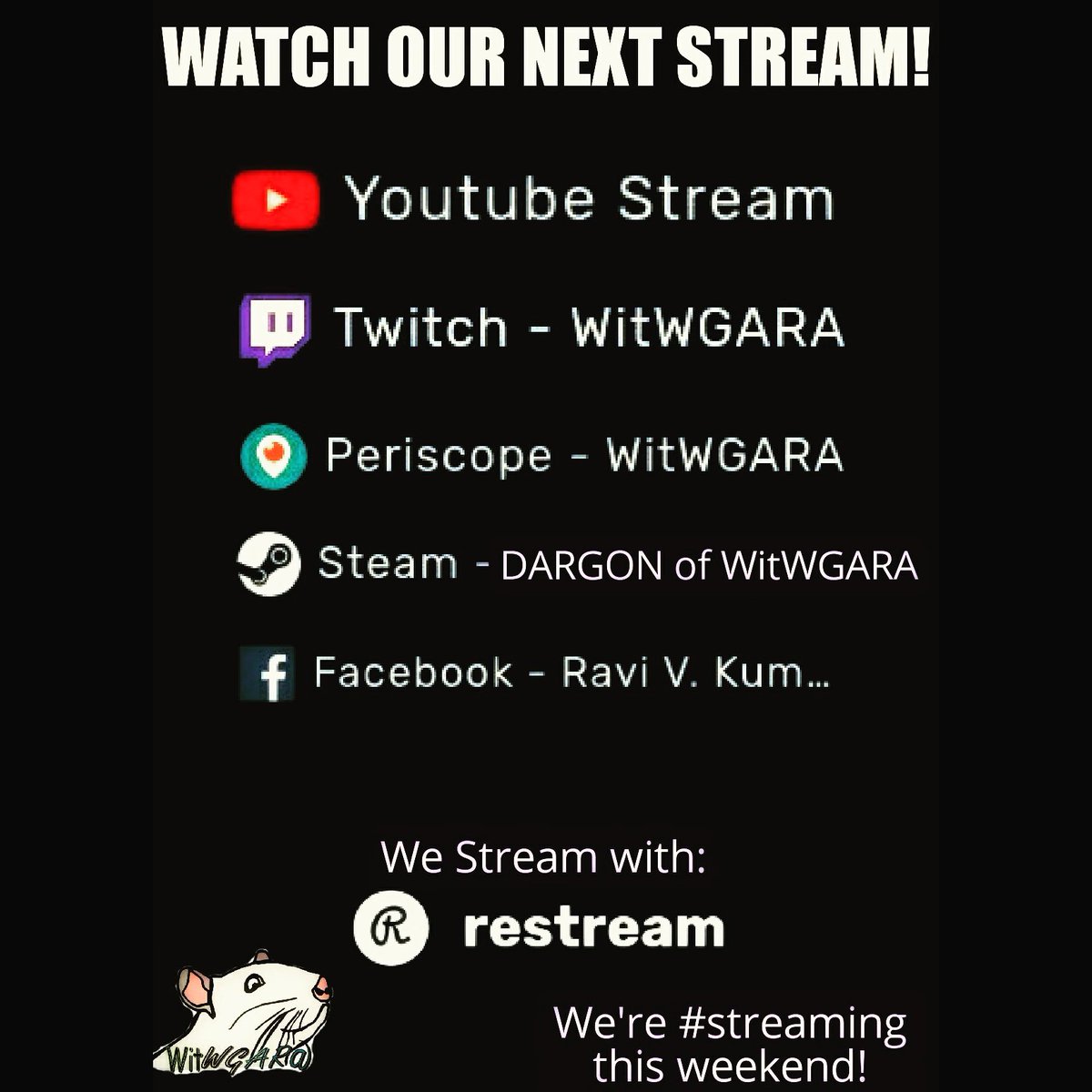 WitWGARA's tweet image. We&apos;ll be #streaming #thisweekend! #multicasting thanks to @Restreamio!

Check us out when we Launch the #stream

#ThankYou for being #OurMischief #ReTweetThis #BBlogRT
@Quickest_Rts @SGH_RTs @GFXCoach @FearRTs @ShoutGamers @Mighty_RTs @DynoRTs @NightRetweets @BlazedRTs @Agile_RTs