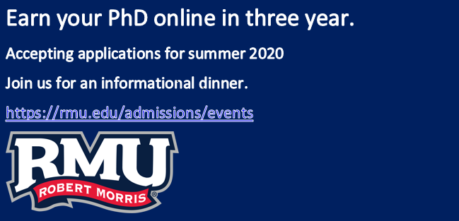RMUGraduate's tweet photo. Looking for a #PhD that has a proven graduation track record and allows for you to continue working, while engaging in doctoral studies?  You've found it @RMUGraduate Join us for an information dinner in September, October, or November.  Online or on ground the choice is yours. https://t.co/MSaxMRqekM