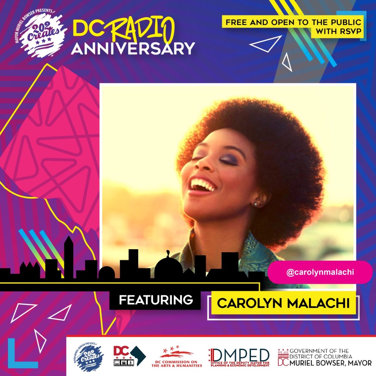 Today Join Mayor Bowser &amp; @202creates forth DC Radio Anniversary Party - mailchi.mp/d0895b2df720/s… FREE and OPEN to the public

Performances by <a href="/adeinmylife/">Phil Adé</a> <a href="/chazfrenchswmu/">Chaz French</a> @carolyn_malachi @borahbond &amp; more