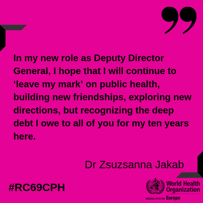 WHO_Europe's tweet photo. @WHO @WHOatEU @WHOEMRO @WHOSEARO @WHO_Europe_RHN @WHOWPRO @WHOAFRO @pahowho @hans_kluge In her final remarks, Dr Zsuzsanna Jakab thanks staff and colleagues at the WHO/Europe Regional Office #RC69Cph https://t.co/yg8IZiktRp