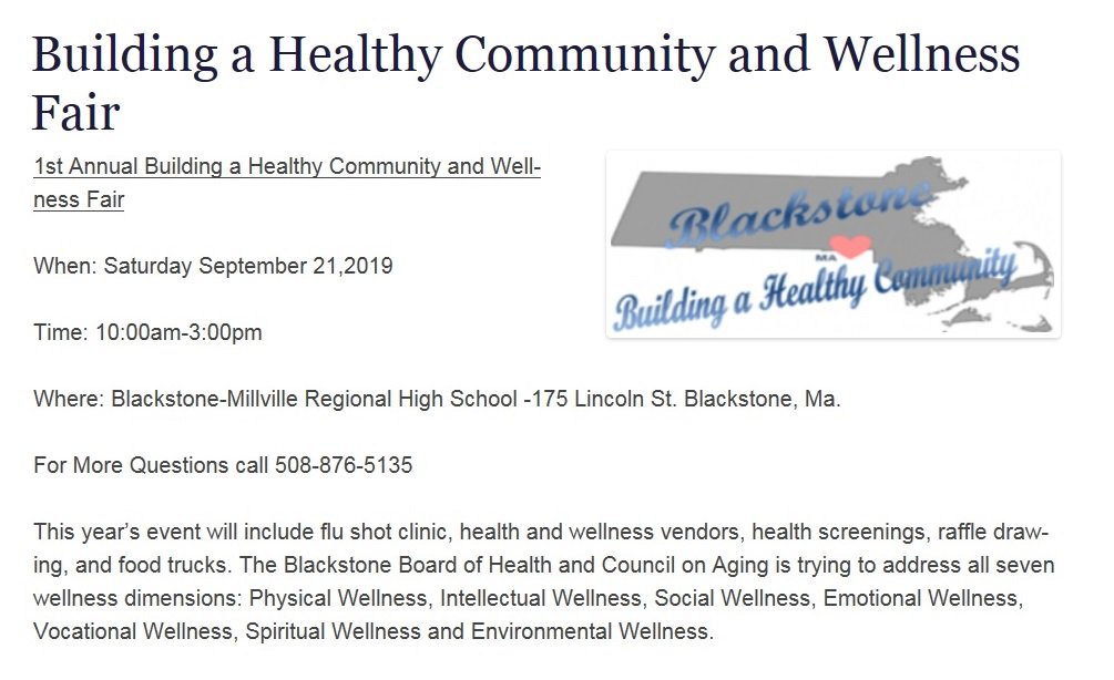 CMassMosquito's tweet photo. #Blackstone residents, come on out to the 1st Annual Health & Wellness Fair on Saturday Sept. 21 at the Blackstone High School from 10am-3pm. #CMMCP staff will be there to answer your questions about mosquito control https://t.co/e1dCHpCb4M