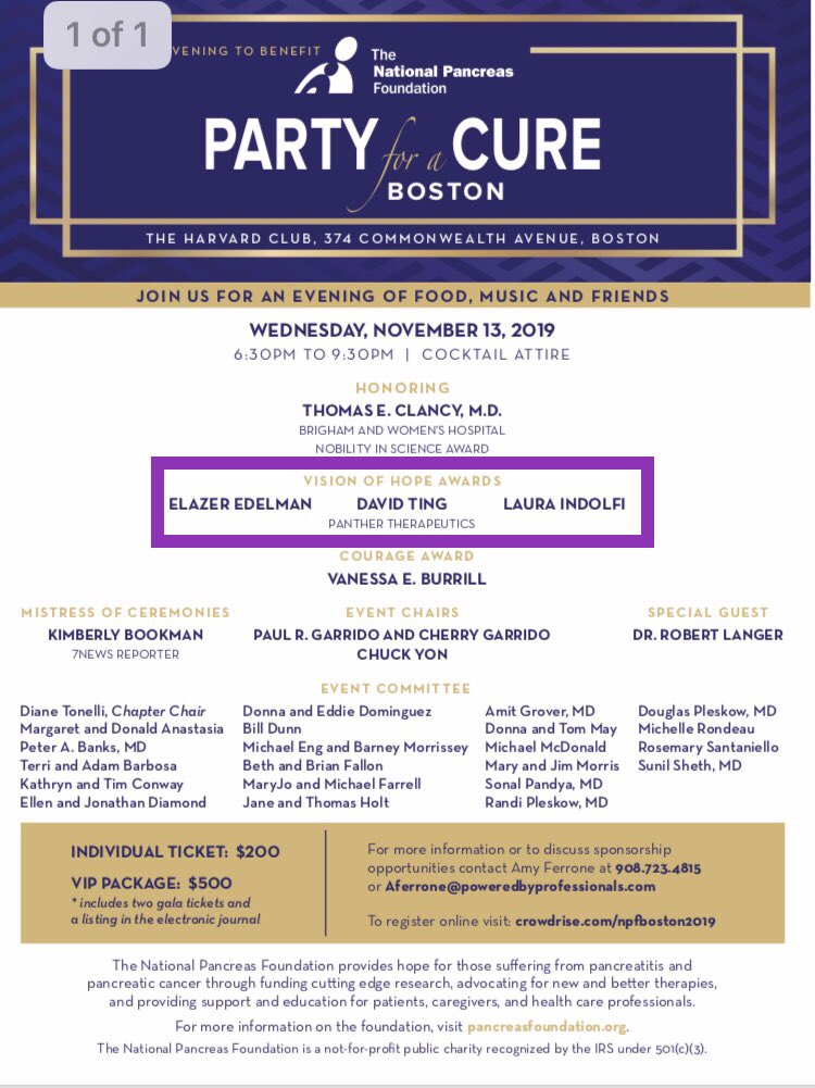 LauraIndolfi's tweet photo. Honored that @NatPancFdn has chosen @PanTherTx for the “Vision of Hope” Award! We are working relentlessly to bring new options for #PancreaticCancer treatment in the clinic! Aiming to deliver drugs only at the tumor🎯Join us Nov.13 #PartyforaCure cc: @KimberlyBookman @TClancyMD https://t.co/LhbTb9HKpg