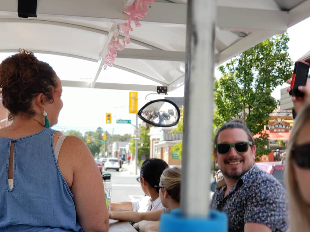 Creating some startup fuel with <a href="/PedalBoro/">PedalBoro</a>! 🚲☀️🏙 Networking doesn't always have to involve suits. We brought staff and startups for a tour of Downtown Peterborough on this party bike to take a break from working hard at The Cube! 🤘 #ptbo  #peterborough