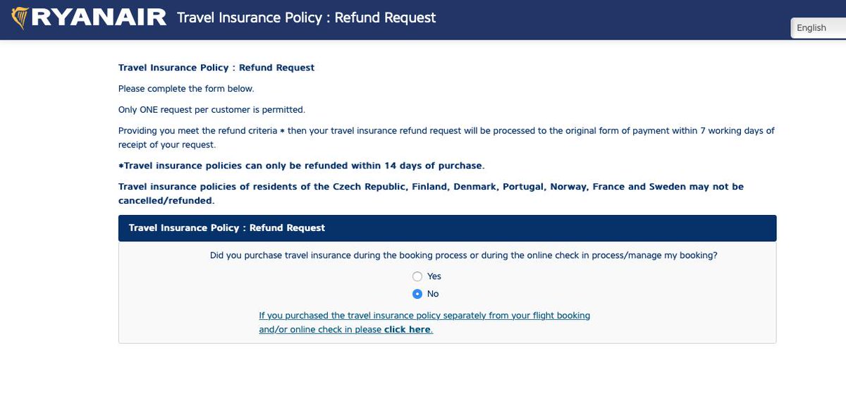 BrightonEd's tweet photo. @Ryanair Hi-#complaining customer!🚨Sorry, I've tried DM, I've tried cust svce &amp; now I'm just annoyed. Accidentally bought travel insurance via your app when adding baggage. Been passed between you &amp; insurance provider, it is literally impossible to get a refund! See attached 404 https://t.co/HlC7yaNWhc