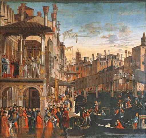 Louis now possesses all of Lombardy, Maximilian soon occupies nearly all the Veneto outside the lagoon, and Julius places the citizens of Venice under papal interdict.Canals and streets sound with alarms,Will Venice fall to foreign arms?