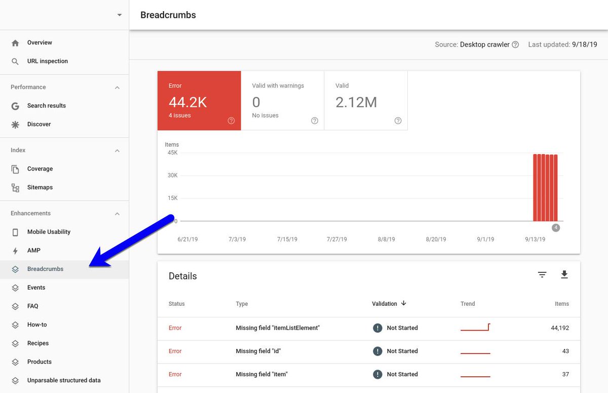 googlesearchc's tweet image. Great news, we have a new report on Search Console 📢 As of today, if you have Breadcrumb 🍞 structured data in your site, you&apos;ll see a new report under Enhancements (see screenshot). Check if you have errors and get to work! 🛠️