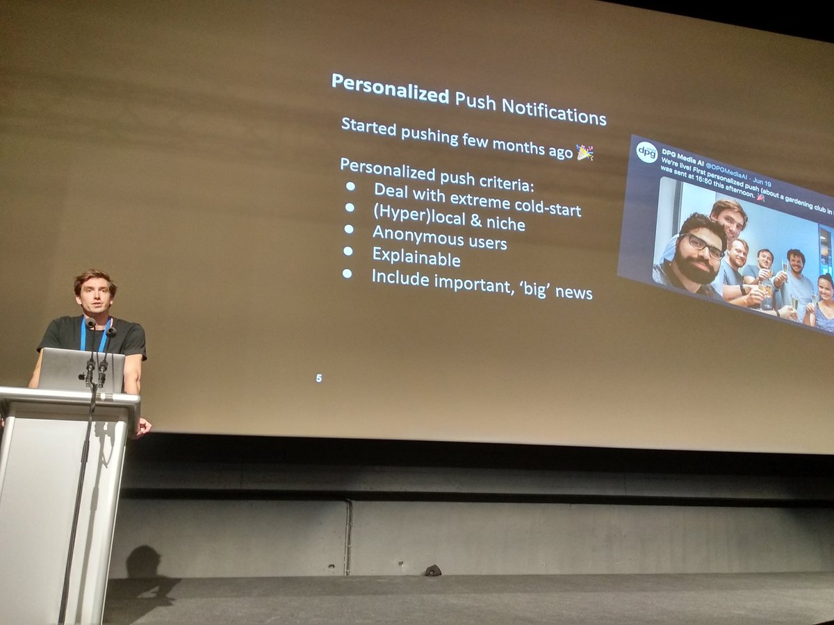 orsum_ws's tweet image. Personalized Push Notifications for News Recommendation, presented by @lmdehaas from @DPGMediaAI 
#orsum_ws #recsys2019