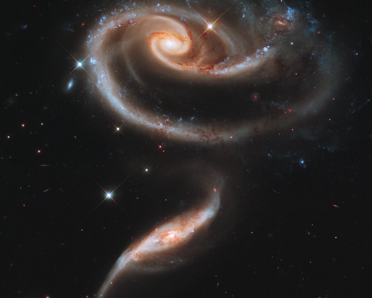 An image of two interacting galaxies, one a spiral and one a sort of elongated streak. There are also bright stars in the pic, with four-pointed spikes coming off them.