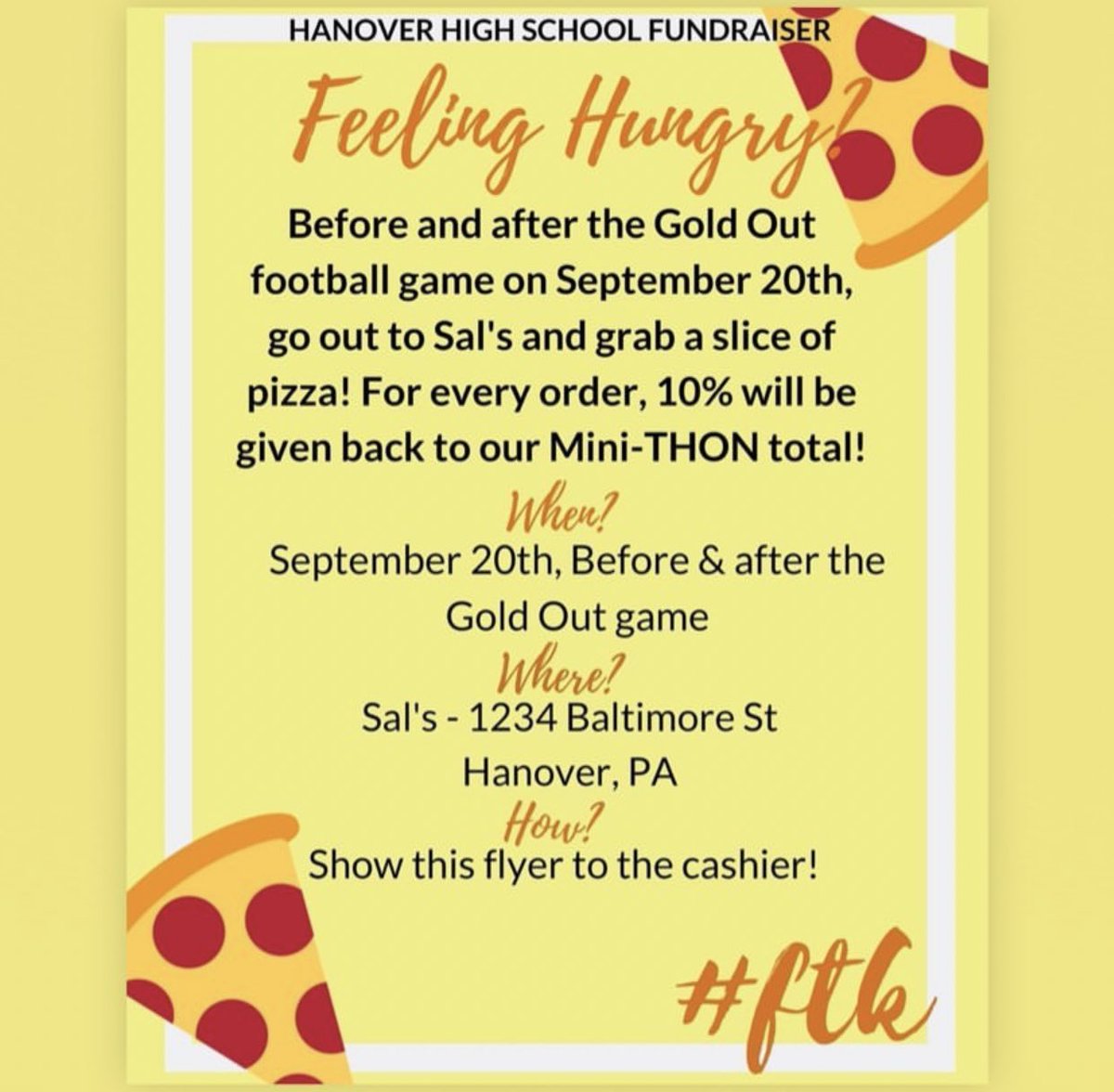 Don’t forget to head out to Sal’s Pizza after the Football game tomorrow! We will be handing out flyers at school and at the game! #yummy 😋🍕