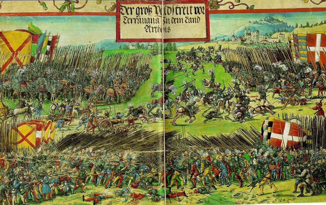 France now finds itself in the same position as in previous Italian Wars, opposed by most of Italy and outside powers. England piles on and invades France with Maximilian; France encourages the Scots to invade England.It has become a general European war.