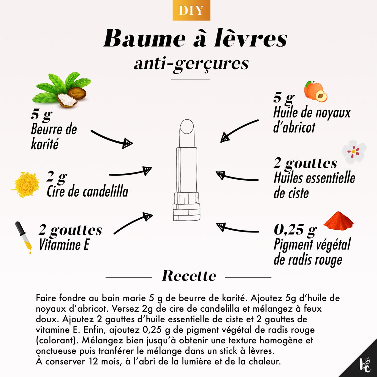 Lorsque vos lèvres sont gercées, elles sont déshydratées et irritées ce qui peut être douloureux et inconfortable. Grâce à notre baume à lèvres anti-gerçures fait maison, teinté et vegan, vous retrouverez une bouche douce et en pleine santé en un éclair !

#diy #beaute #soinbio