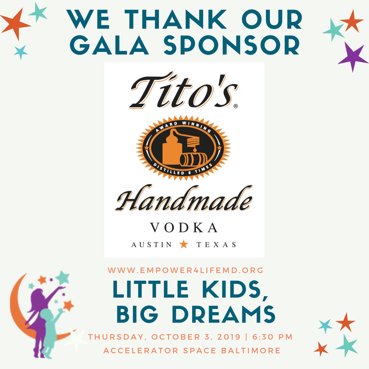 empower410's tweet photo. We take time today to celebrate our "Hope" sponsor for our inaugural gala, Little Kids, Big Dreams.  Thank you, Titos Handmade Vodka for your kindness!  #E4L #E4LGala #LittleKidsBigDreams #homelessness #lovetitos https://t.co/aCdhCs4Www https://t.co/5AUygNlSZg