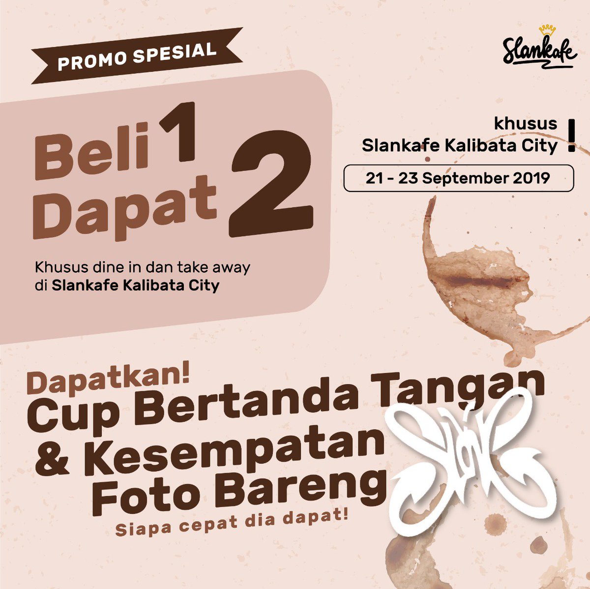 slankdotcom's tweet photo. Siap-siap, SlanKafe album pertama bakal dirilis!!
Lokasinya di Kalibata City, Jakarta Selatan! Opening tanggal 21 September 2019.
Eitsss ada promo spesial nih! Penasaran? Cek gambar di bawah..
#Slank #Kafe #slankafe #slankopi #SlankingForever https://t.co/H1mdVGicLm