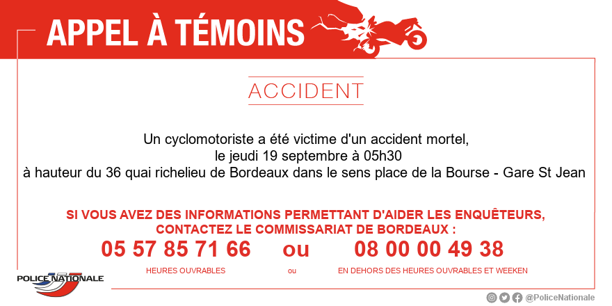 PoliceNat33's tweet photo. Nous avons besoin d'éclaircir les circonstances de cet accident mortel. Merci pour vos RT https://t.co/3QxFC8XCtS
