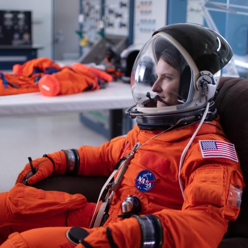 NASA astronaut candidate Kayla Barron is seen after donning her spacesuit, Friday, July 12, 2019 at NASA's Johnson Space Center in Houston, Texas. 