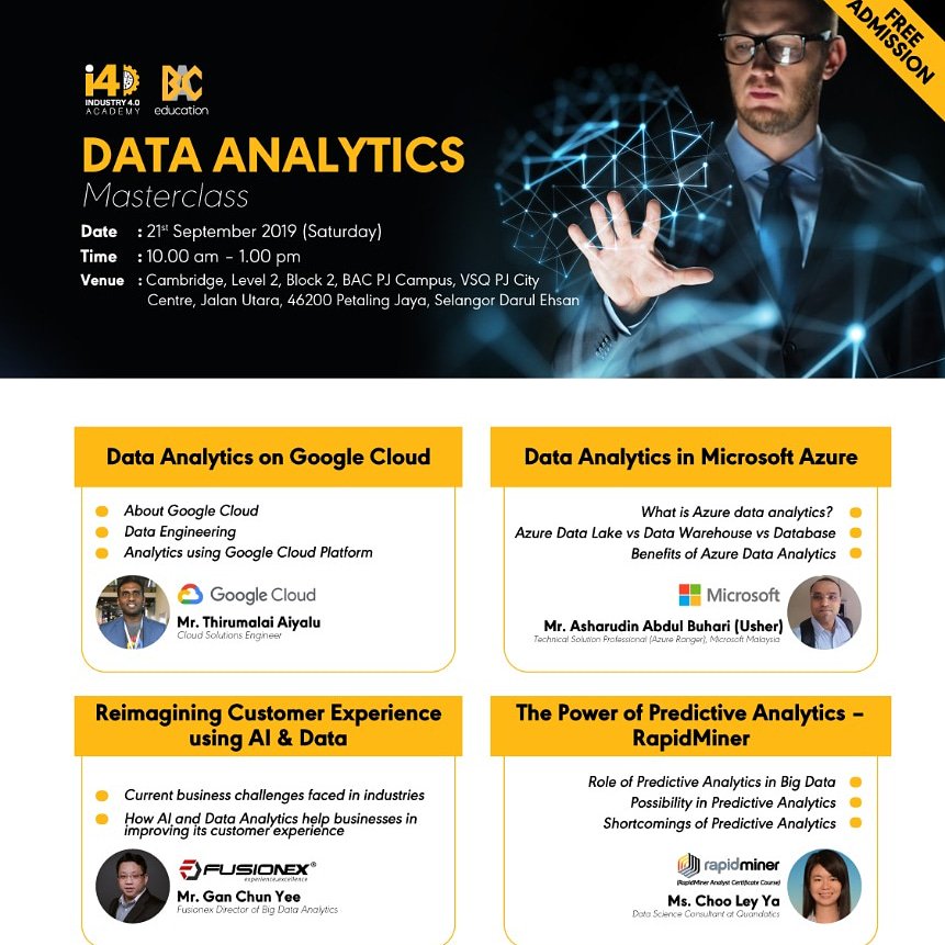 NManghan's tweet image. *#FREELearning*
*#FREE ADMISSIONS* *#DataAnalyticsMasterclass*
on 21 September 2019, 10am - 1pm
@ BAC PJ Campus, PJ City Centre, Jln Utara..
To register & confirm your seat, please register at:
bit.ly/DataAnalyticsB…