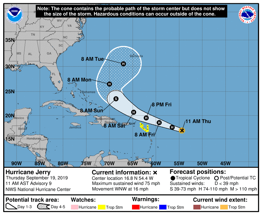 metofficestorms's tweet photo. #Jerry is now a hurricane. Latest forecasts take the centre just to the north of the Leeward islands. In the longer term, #Bermuda may again be in the path of a hurricane. https://t.co/TWDNjbZmnH