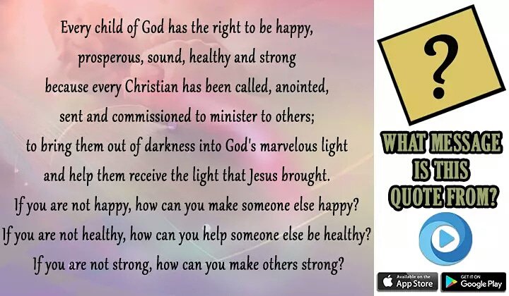 LoveWorldMedia2's tweet photo. What message is this quote from?
Can you guess?
Drop your answer as a comment below and watch out for the correct answer in 5 hours.
Let's go!
#guessthemessage
#liftchallenge
#monthofuplifting
#visitpdcleveryday
#LoveworldMediaVideos
#loveworld
#ChristEmbassy
#Christian https://t.co/4OMD98K6GS