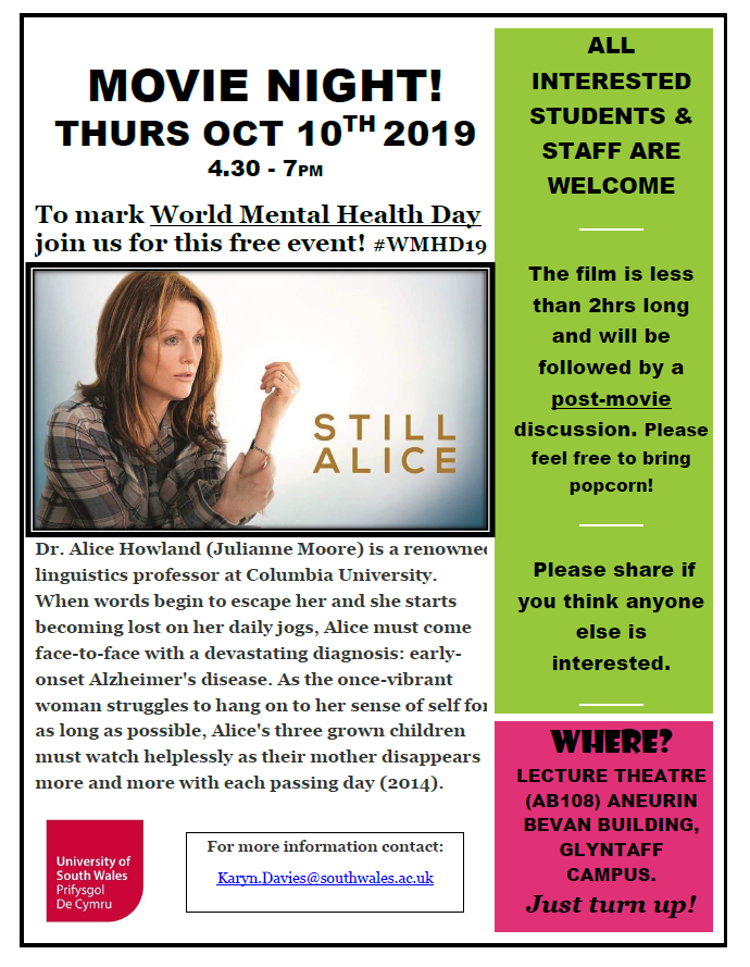 USWHealthcare's tweet photo. To mark both World Alzheimer's month and World Mental Health Day @USWCareSciences are hosting a Movie Night-interested? #WorldAlzMonth #WorldAlzheimersDay #WMHDay https://t.co/0xBJSu7nPM
