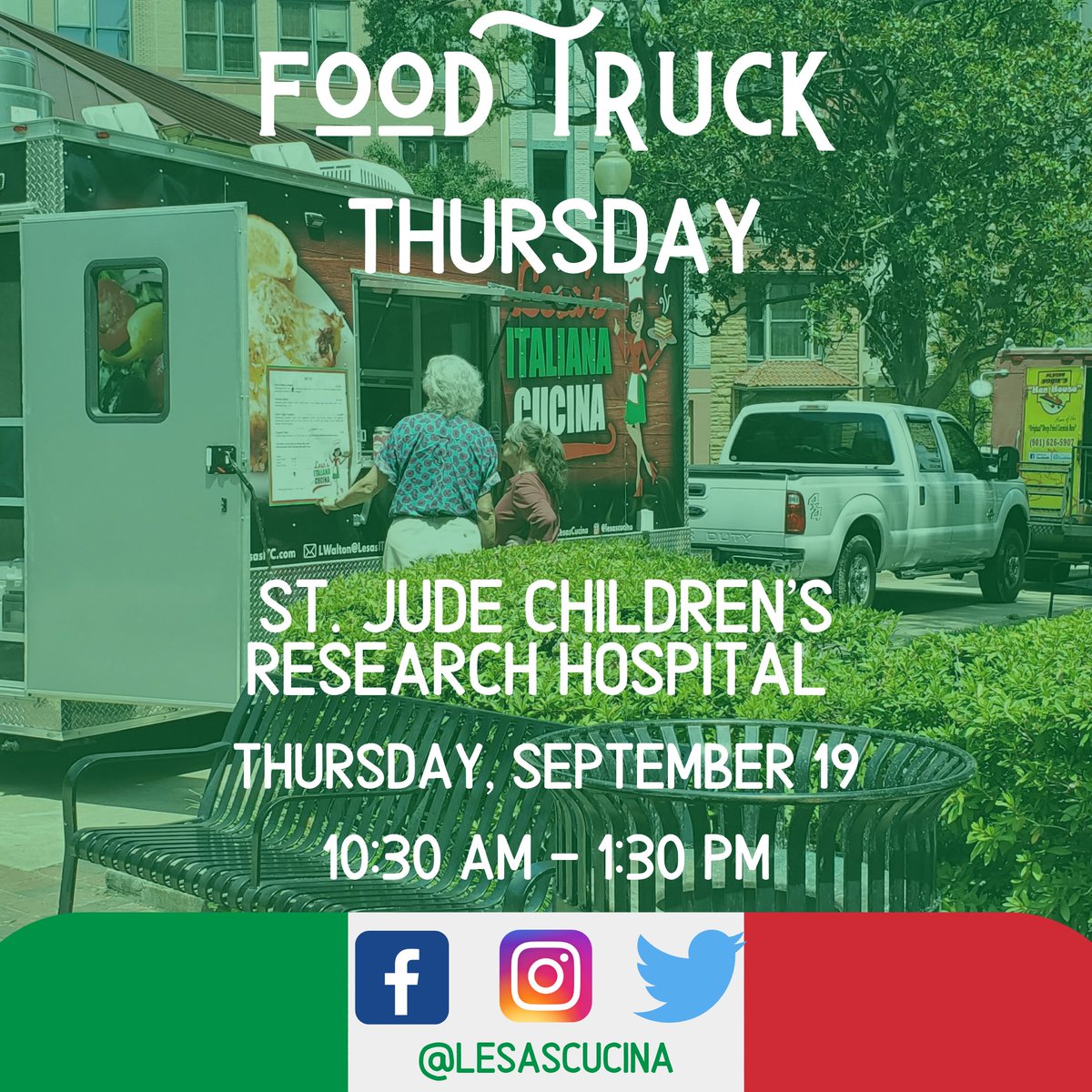 LesasCucina's tweet photo. We will be serving our delicious #italiancuisine at St. Jude Children's Research Hospital TODAY until 1:30 pm. Come by and see us. ⠀
#lesascucina #foodtrucks #memphisfoodtruck #901foodies #streetfoodfinder #foodie #memphis #memphisfood https://t.co/3MdtDZr869