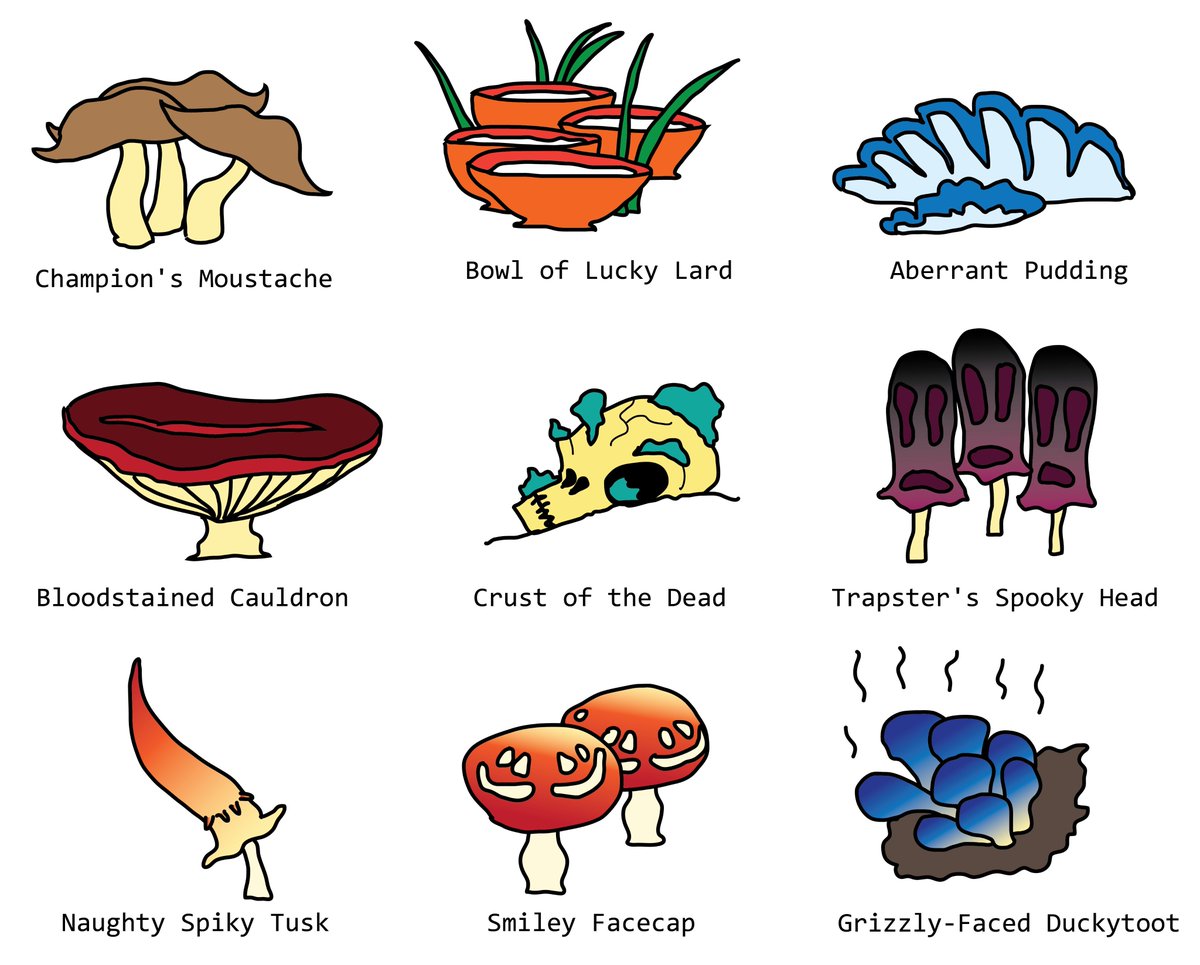 Champion's moustache, bowl of lucky lard, aberrant pudding, bloodstained cauldron, crust of the dead, trapster's spooky head, naughty spiky tusk, smiley face cap, grizzly-faced duckytoot