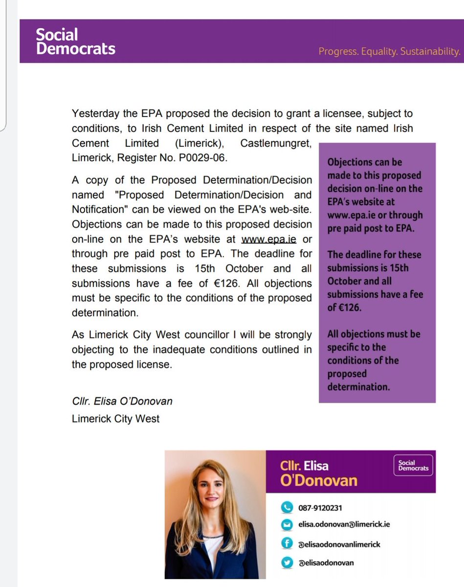 elisaodonovan's tweet photo. Many have been in touch to ask how they can object to the proposed decision by @EPAIreland to grant an incineration license to Irish Cement. Here is some information on what you can do before the deadline of 15th October. Objection fee is €126 https://t.co/XwYv1kGo64