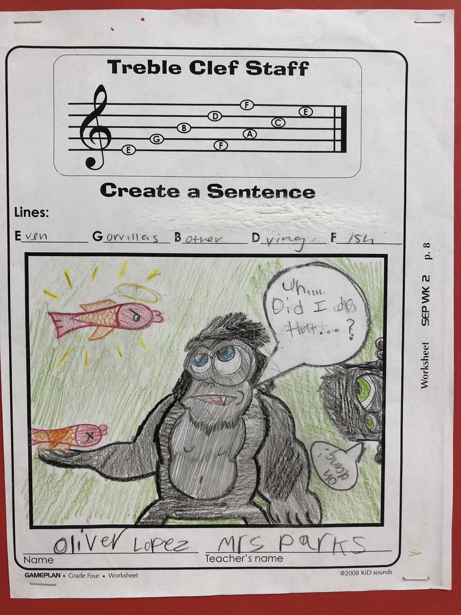 thoms_bill's tweet photo. 4th Grade students created a sentence and drew a picture about their sentence using the five letters on the staff: E, G, B, D &amp; F. #readingmusic @WestviewSchool1 @WDaleCurriculum https://t.co/xUPCI3f8Fa
