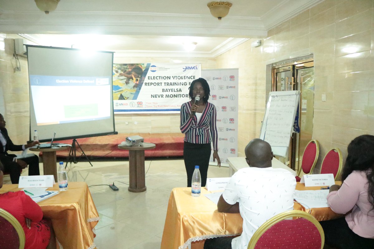 Kimpact_Global's tweet photo. Day 1 Training Continues: @KDI_ng's Program Officer @oluwathoyine takes the #NEVRBayelsa monitors on elections and election violence.
#NEVRBayelsa #BayelsaDecides #WeAreForPeace

@nevrng @IFESAfrica @USAID @UKaid @SituationRoomNg @CDDWestAfrica https://t.co/0DQLRHFnMp