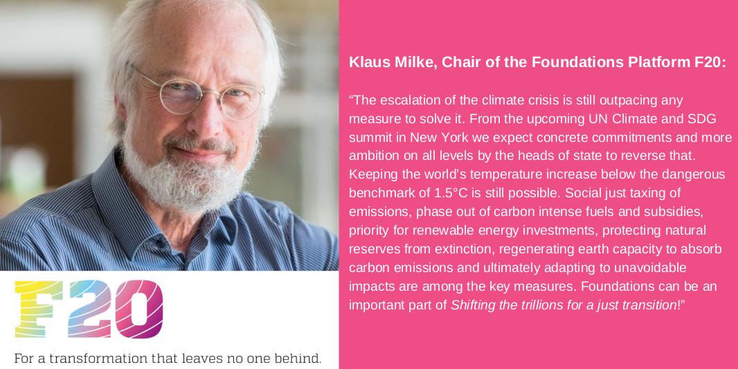 f20platform's tweet photo. #UNClimateSummit in New York needs to be a turning point for increasing ambitions on #climateaction➡️"Escalation of the #ClimateCrisis is outpacing any measure to solve it." #F20 #shiftingthetrillions #JustTransition #financefortomorrow #UNGA2019 #philanthropy #ClimateStrike https://t.co/S8fWW8EXnK