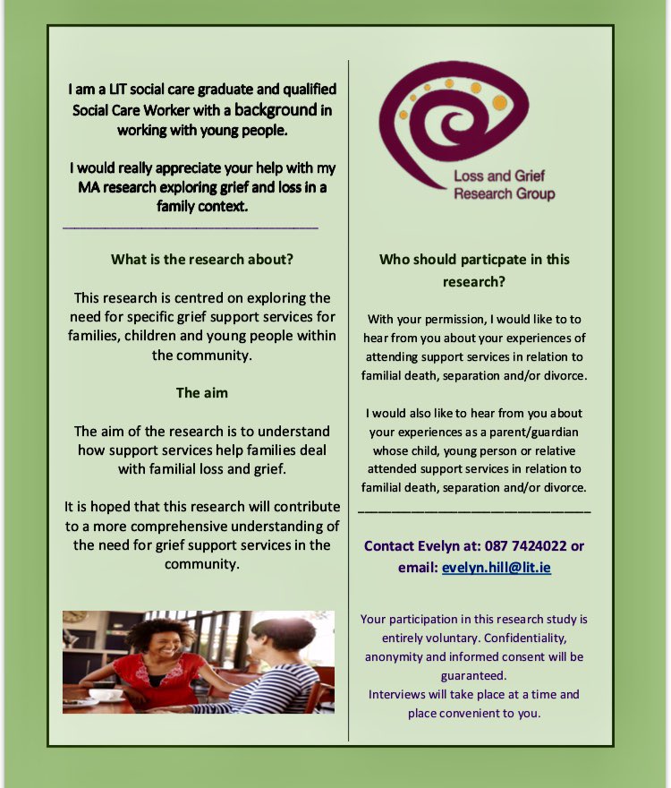 JenniferMoranStritch (@stritchj) on Twitter photo @AppSocScs_LIT postgrad Evelyn Hill is recruiting research participants. If youβre 18+ and:
- received #bereavement or #separation support services as a young person 
or 
- a parent of a child who received services in LK/CE/TIPP pls get in touch/pls RT #loveIrishresearch @AppSocScs_LIT postgrad Evelyn Hill is recruiting research participants. If youβre 18+ and:
- received #bereavement or #separation support services as a young person 
or 
- a parent of a child who received services in LK/CE/TIPP pls get in touch/pls RT #loveIrishresearch
