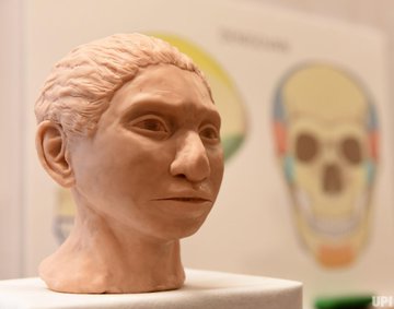 A close-up of the 3D printed reconstruction of a female Denisovan, unveiled by Professor Liran Carmel, researcher at the Hebrew University in Jerusalem, at a press event in Jerusalem, Thursday, September 19, 2019. It is the first reconstruction of the Denisovan anatomy. Photo by Debbie Hill/UPI